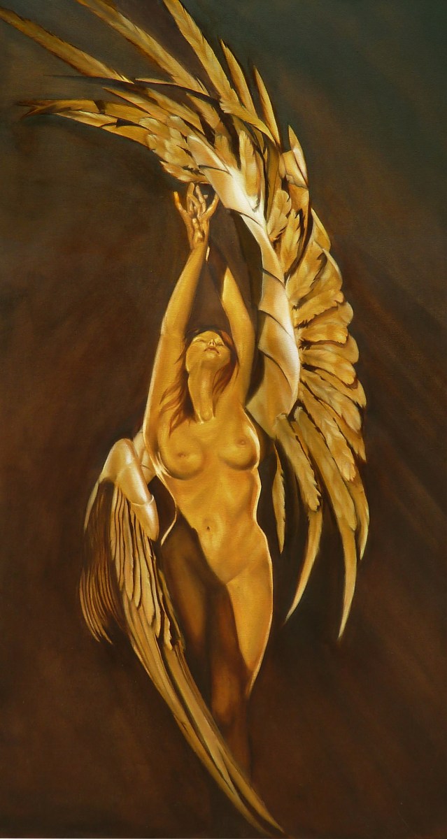 the Finished Kinnari Painting. 32x55" Oils on Canvas