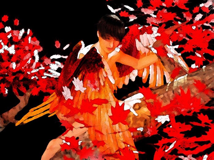 Tengu - digital 3D render. a japanese birdlike winged figure sitting in a maple tree